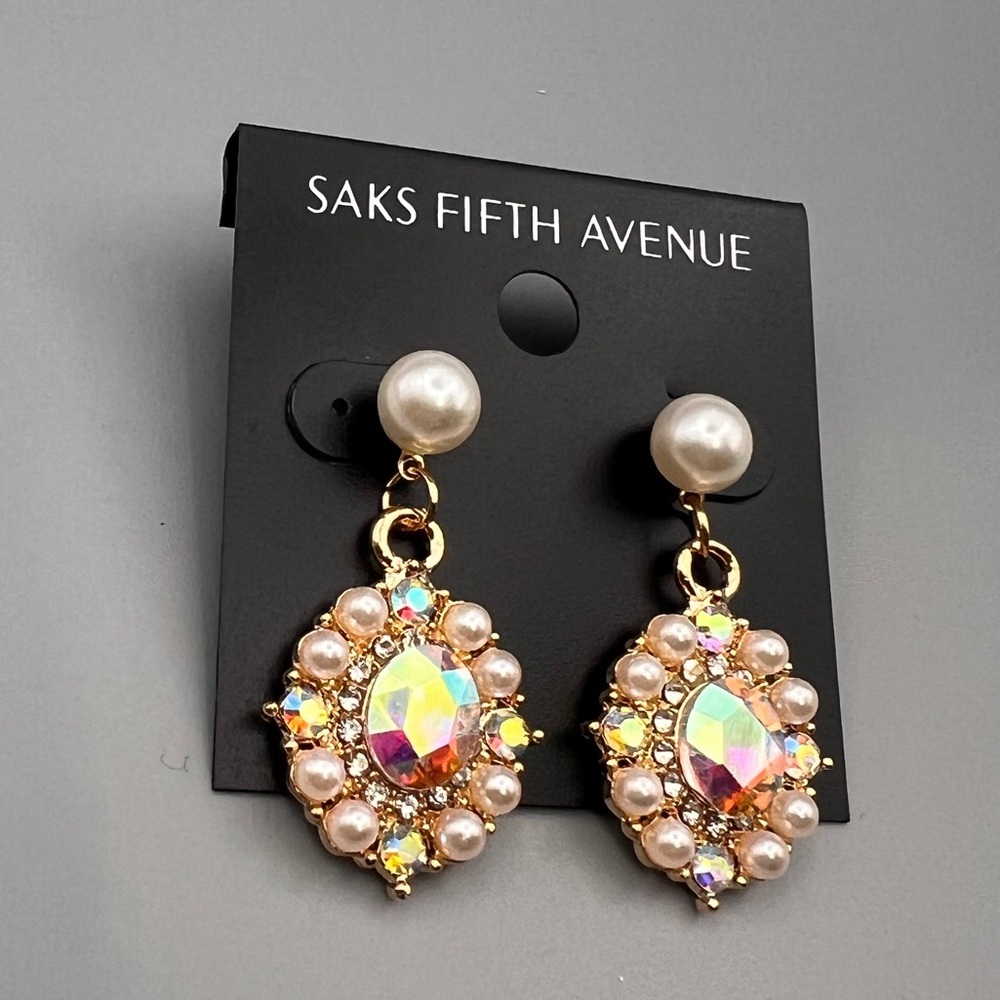 Saks Fifth Avenue Gold Earrings with Pearls and Iridescent Gems